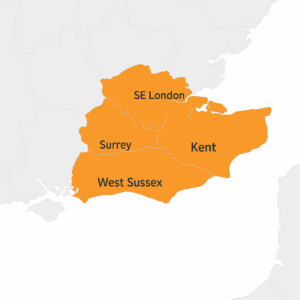 Map showing commercial service areas for render and cladding cleaning in Kent and Surrey